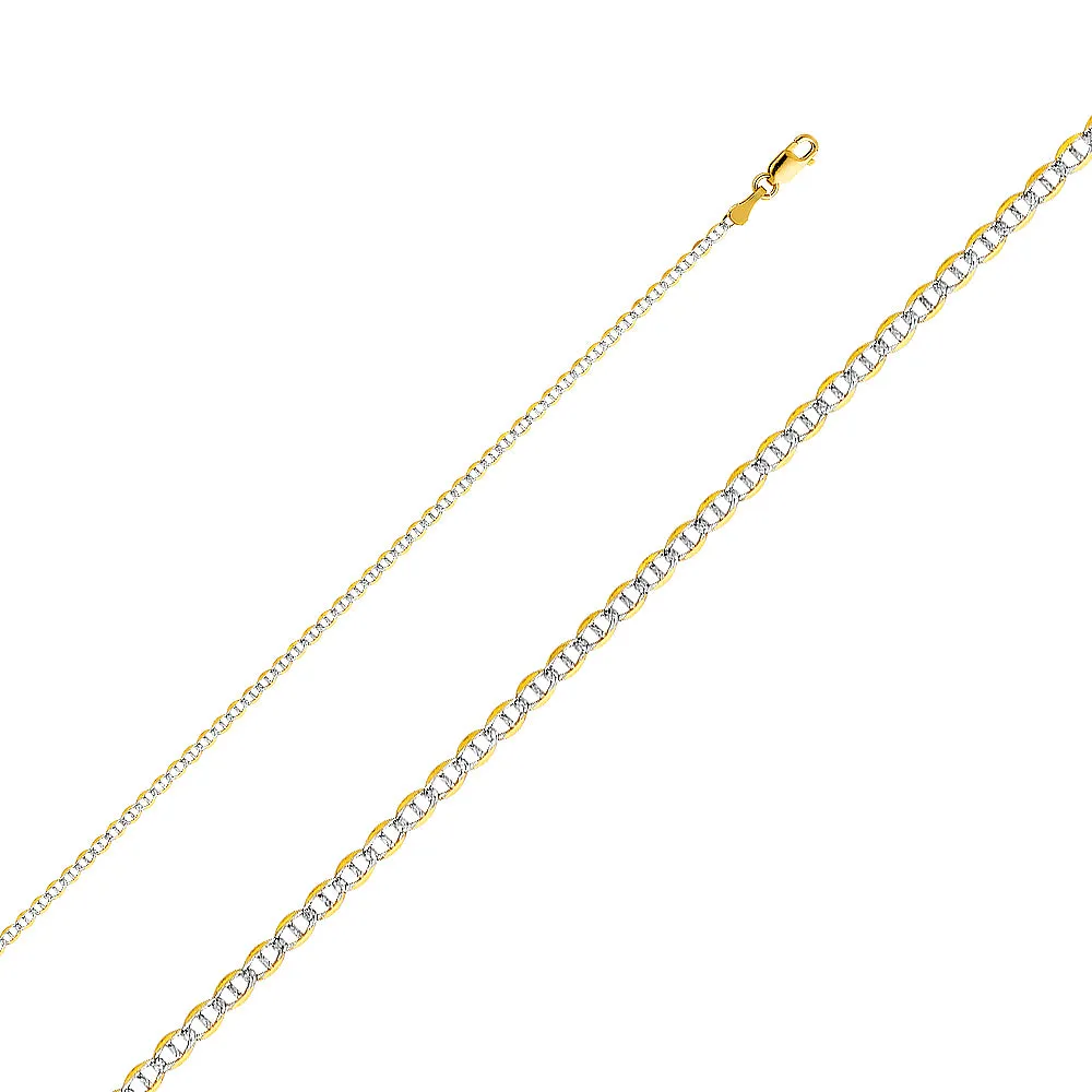 14K Gold 2mm Flat Mariner White Pave Chain