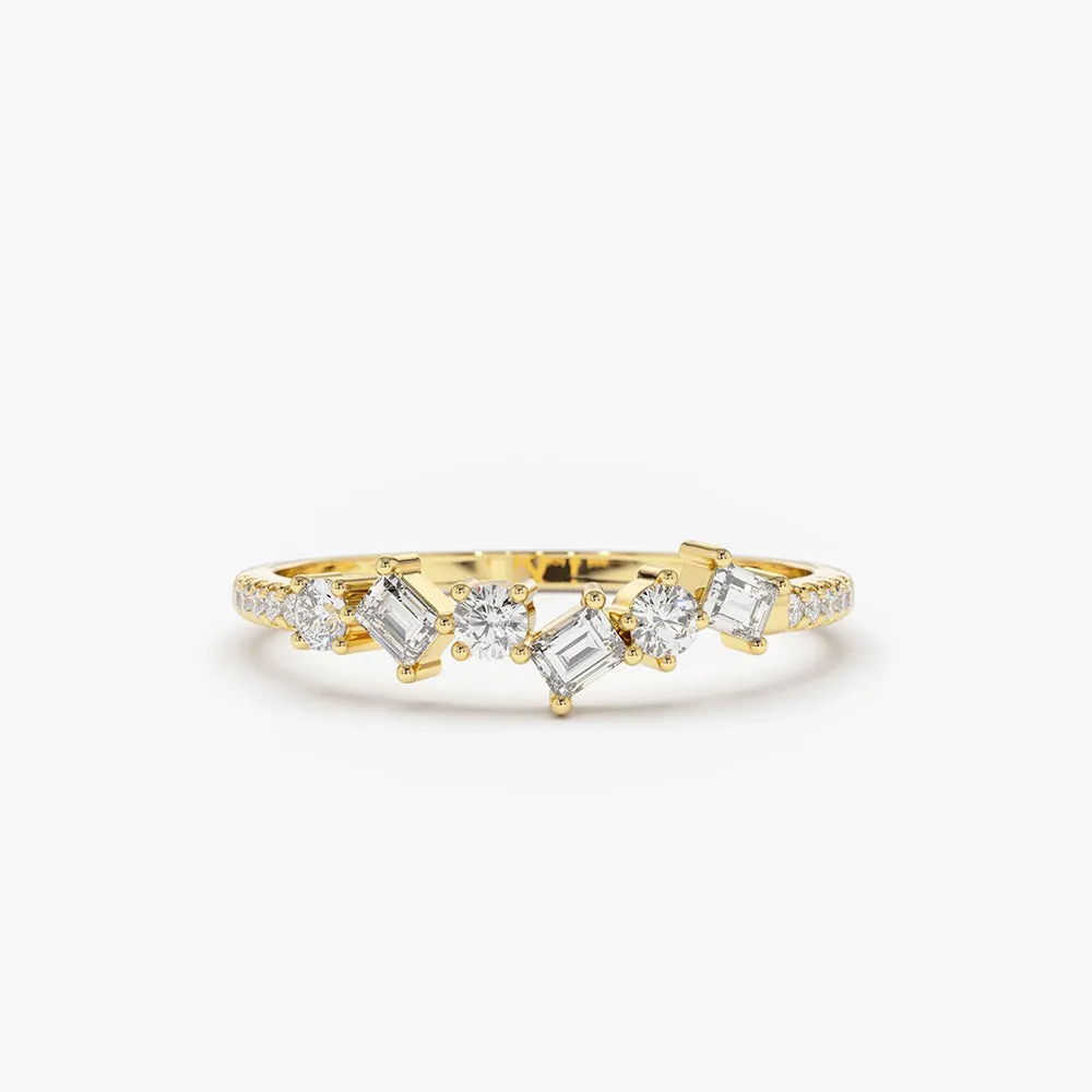 14K Gold Asymmetrical Baguette and Round Diamond Wedding Ring