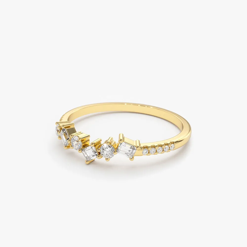 14K Gold Asymmetrical Baguette and Round Diamond Wedding Ring