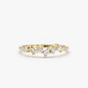 14K Gold Asymmetrical Baguette and Round Diamond Wedding Ring