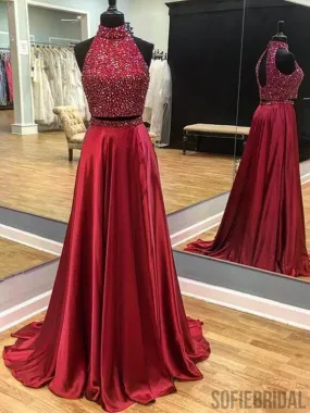 2 Pieces Prom Dresses, High Neck Prom Dresses, Rhinestone Prom Dresses, Long Prom Dresses, PD0663