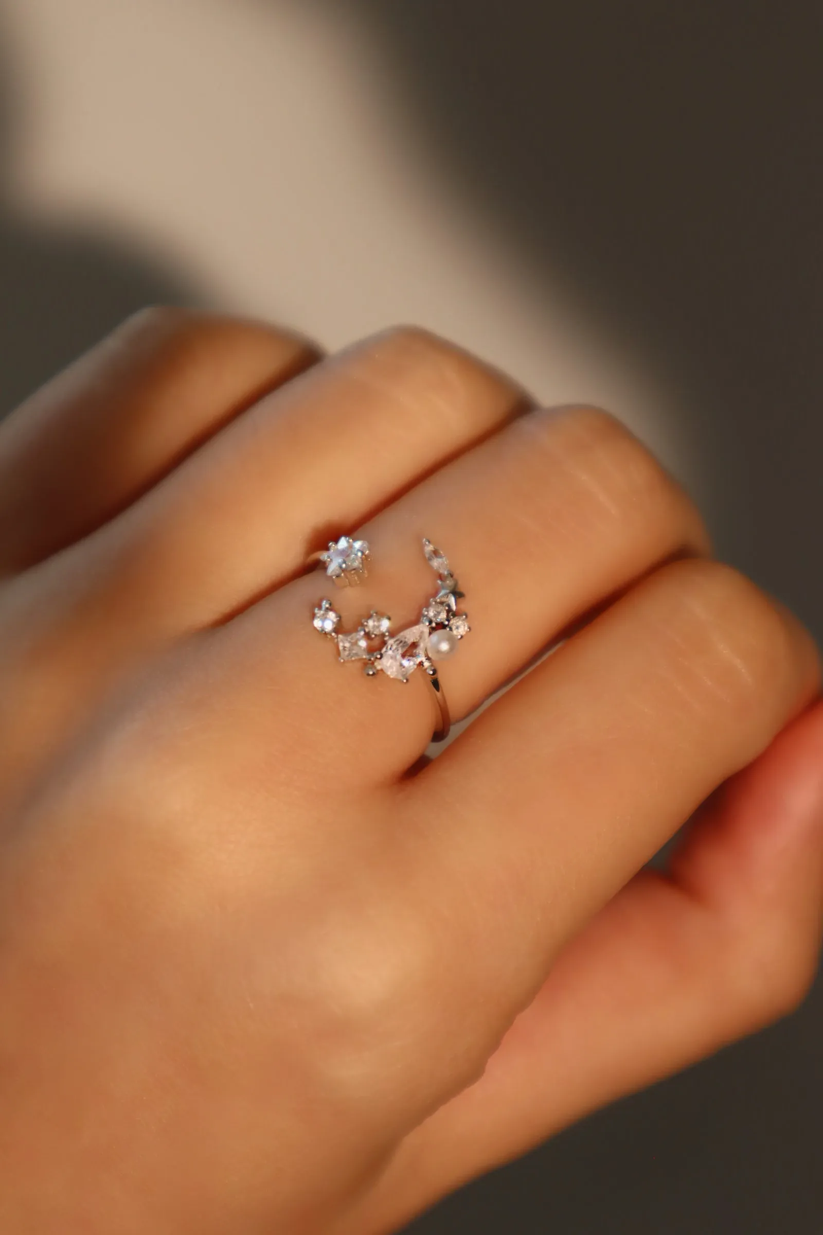 925 Sterling Silver Moon Star Ring