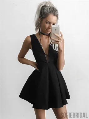 A-line Deep V-neck Simple Cheap Black Homecoming Dresses, HD0122