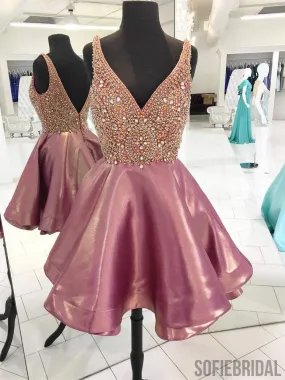 Backless V Neck Heavily Beaded Dusty Pink Homecoming Dresses, CM449