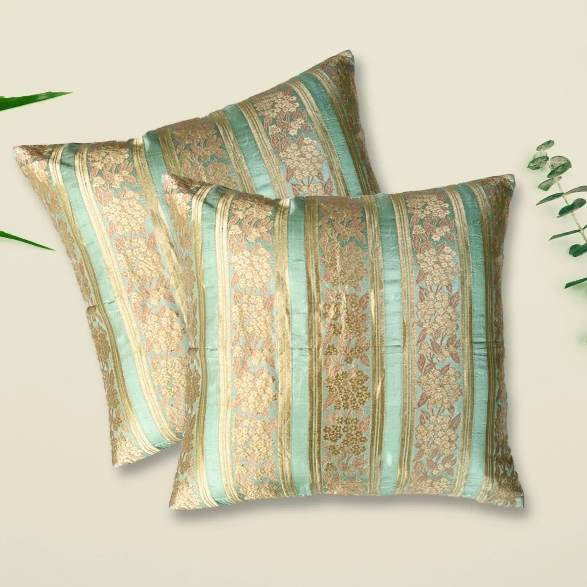 Banarasi Silk Cushion Cover in Aqua-Green