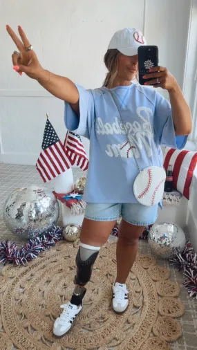 Baseball Mom Oversized Rhinestone Tee, Blue