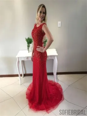 Bateau Rhinestone Prom Dresses, Red Mermaid Prom Dresses, Long Prom Dresses, Prom Dresses, PD0653