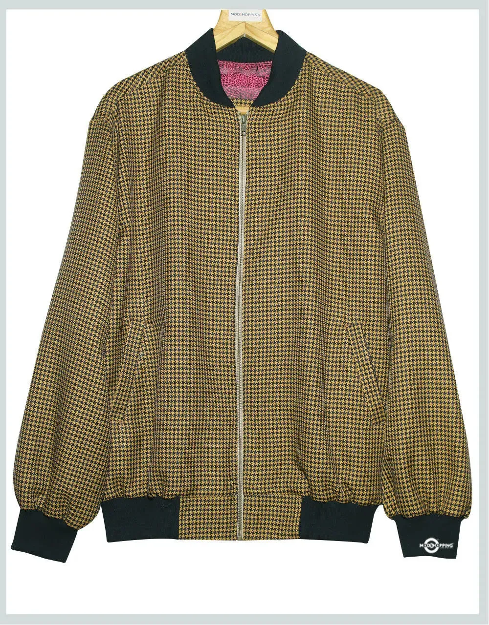 Brown & Black Houndstooth Bomber Jacket