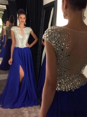 Cap Sleeve Prom Dresses, Rhinestone Prom Dresses, Side Slit Prom Dresses, Long Prom Dresses, PD0660