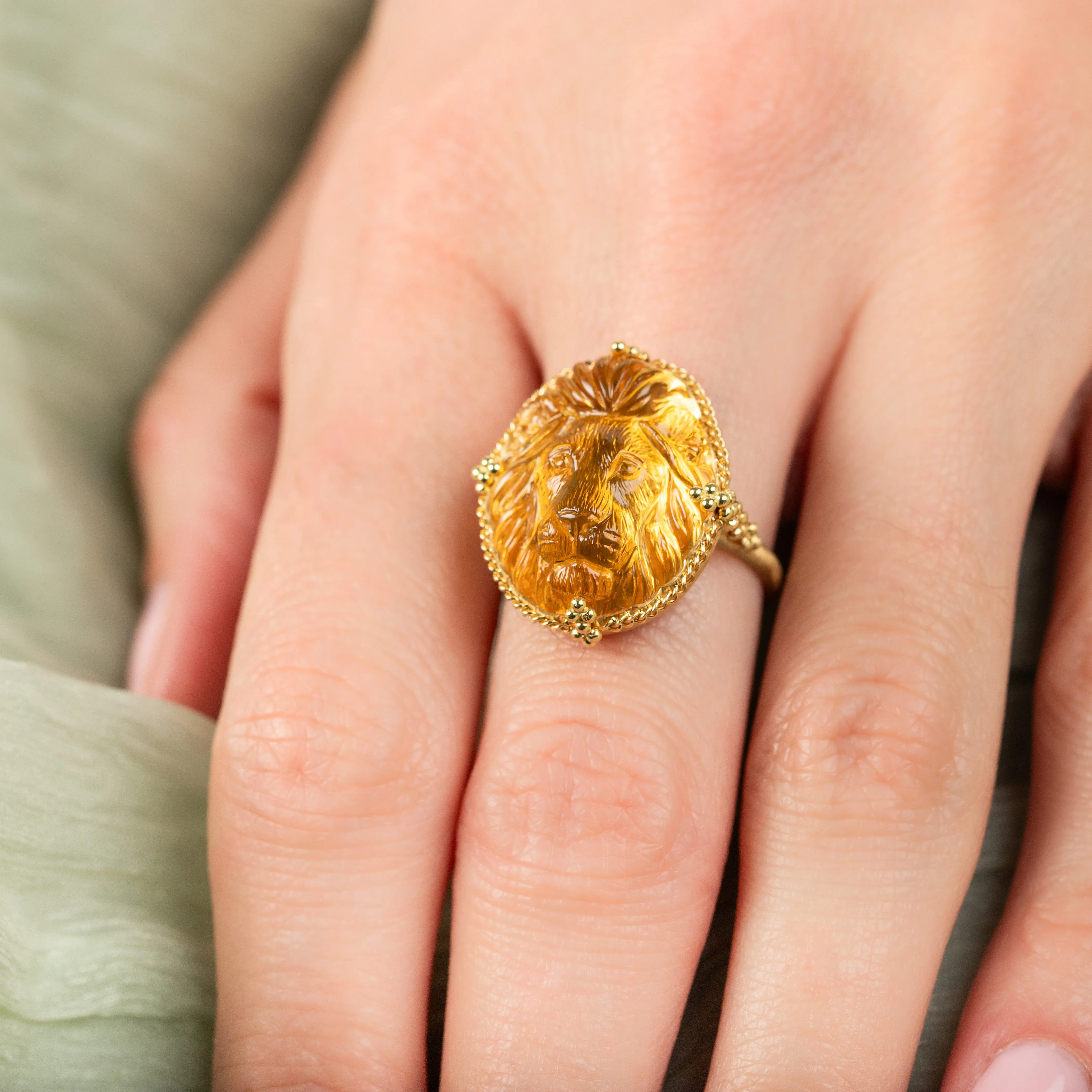 Carved Citrine Lion Ring