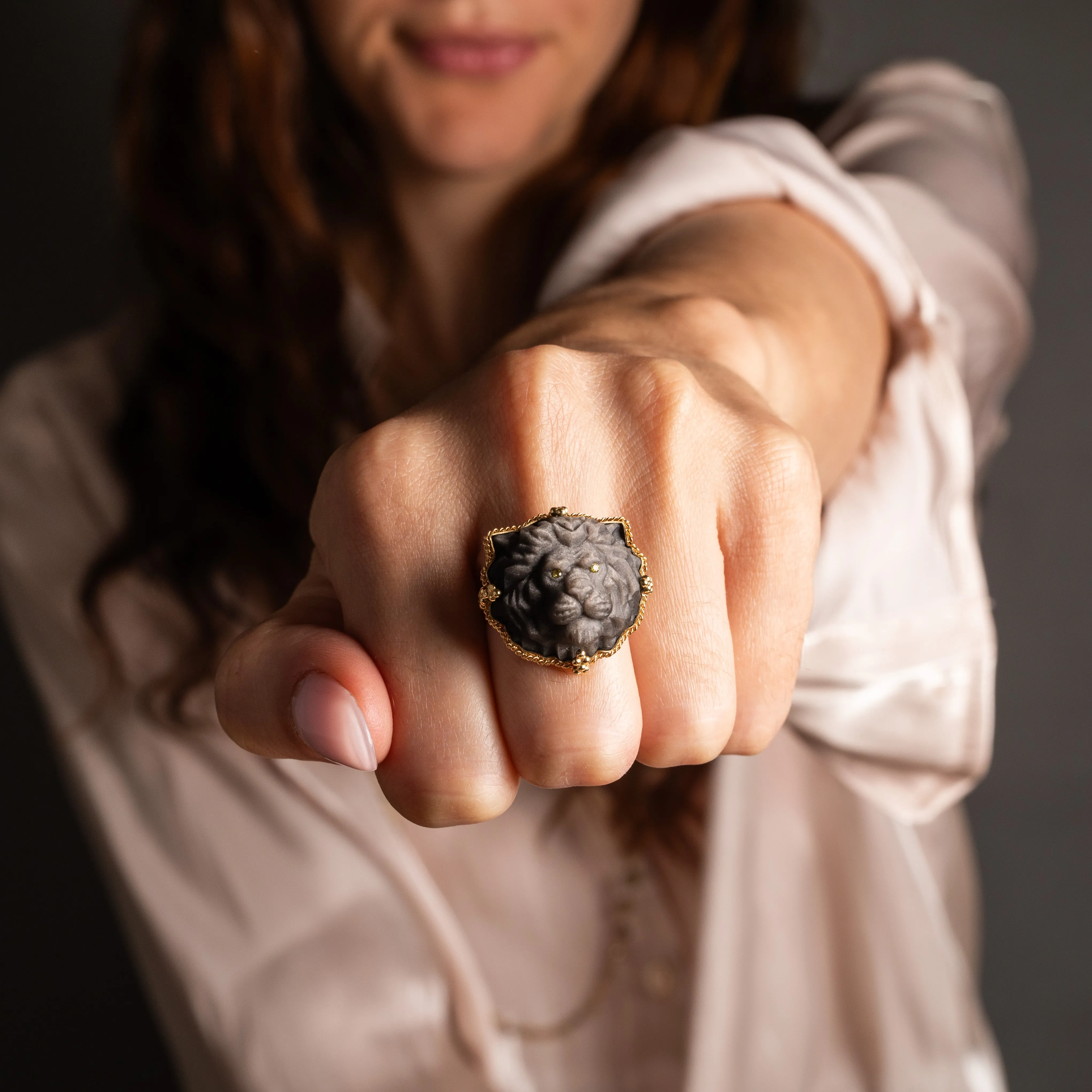 Carved Obsidian Lion Ring