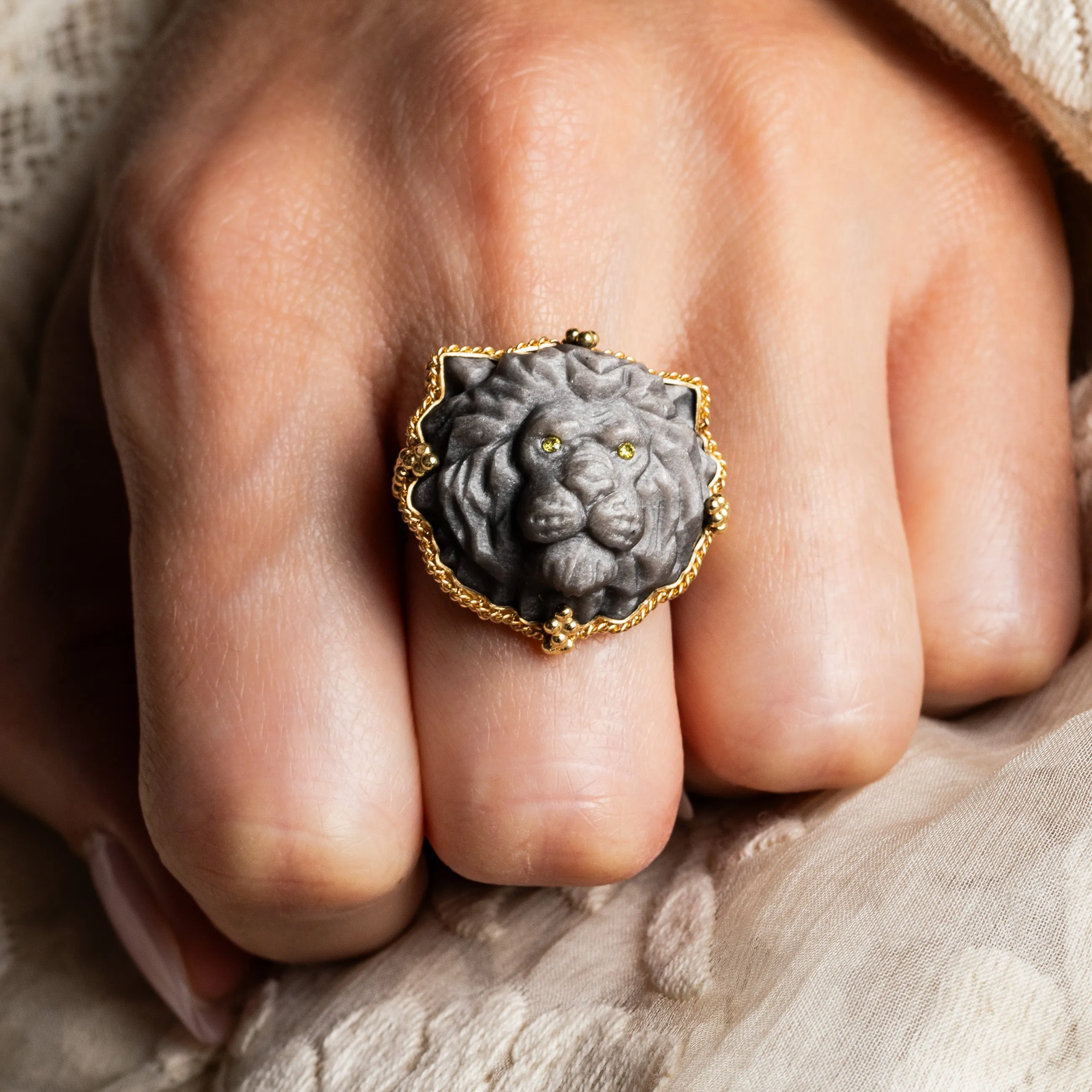 Carved Obsidian Lion Ring