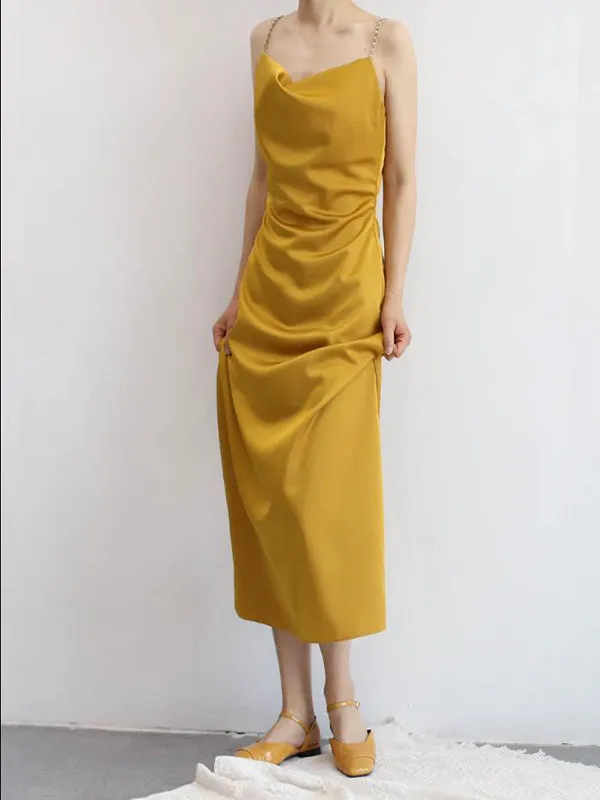 Charming Turmeric Soft Satin Spaghetti Straps Long Homecoming Dresses, HD0182