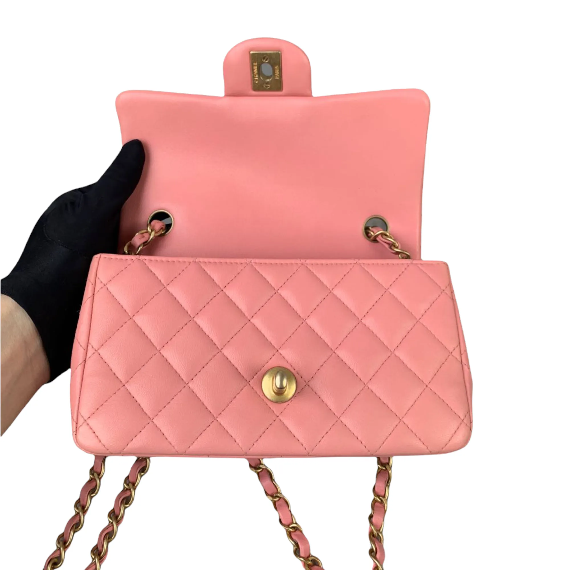 Classic Double Flap Mini Rectangle Lambskin Pink GHW