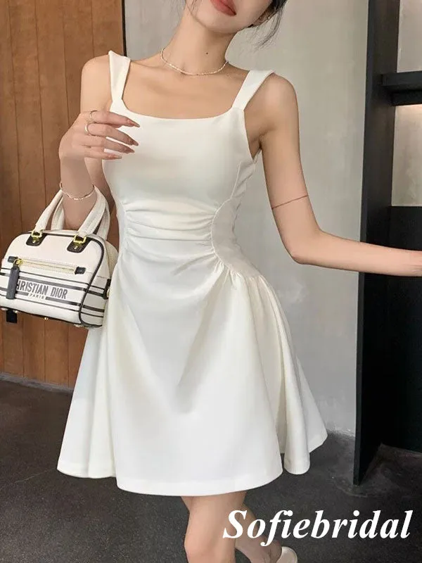 Elegant White Satin Spaghetti Straps Sleeveless A-Line Short Prom Dresses/Homecoming Dresses,HD0226