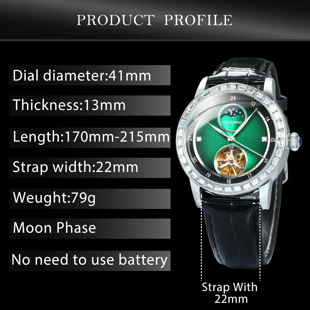 Forsining Luxury Tourbillon Mechanical Watches Jade Green Moon Phase Diamond Dial Automatic Skeleton Watches Genuine Leather Strap TM 412G