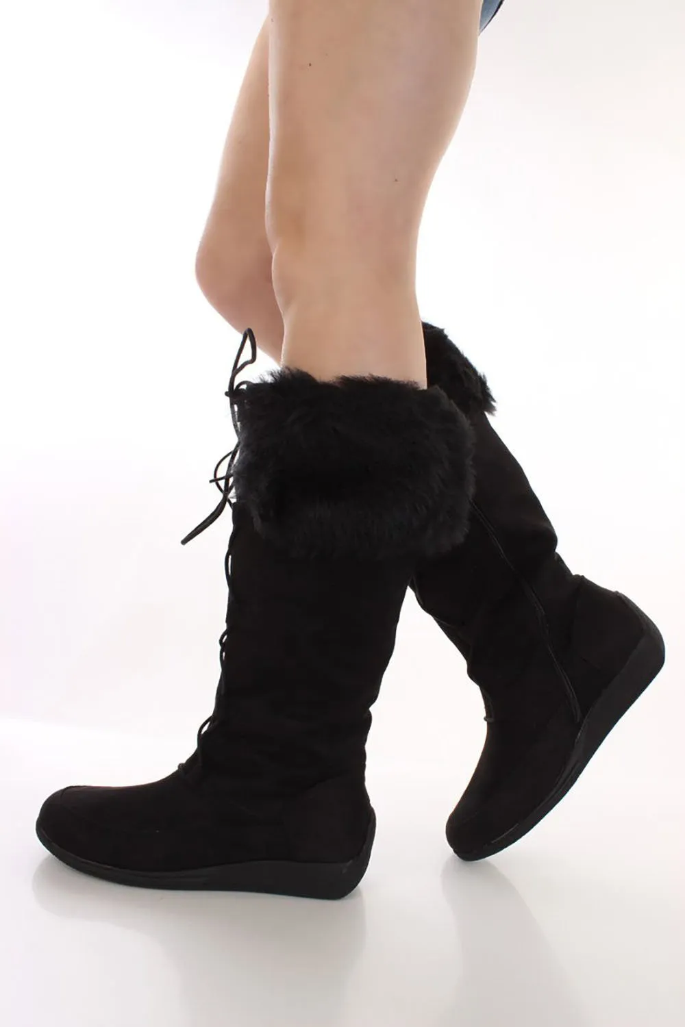 Fur Cuff Lace-up Vegan Mocassin Eskimo Winter Boots