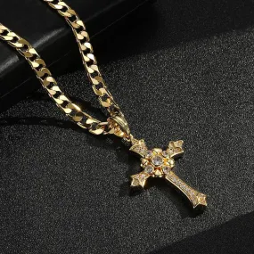 Gold Filled Bonded Gothic Cross Pendant with Stones 22 Inch 5mm Cuban Chain