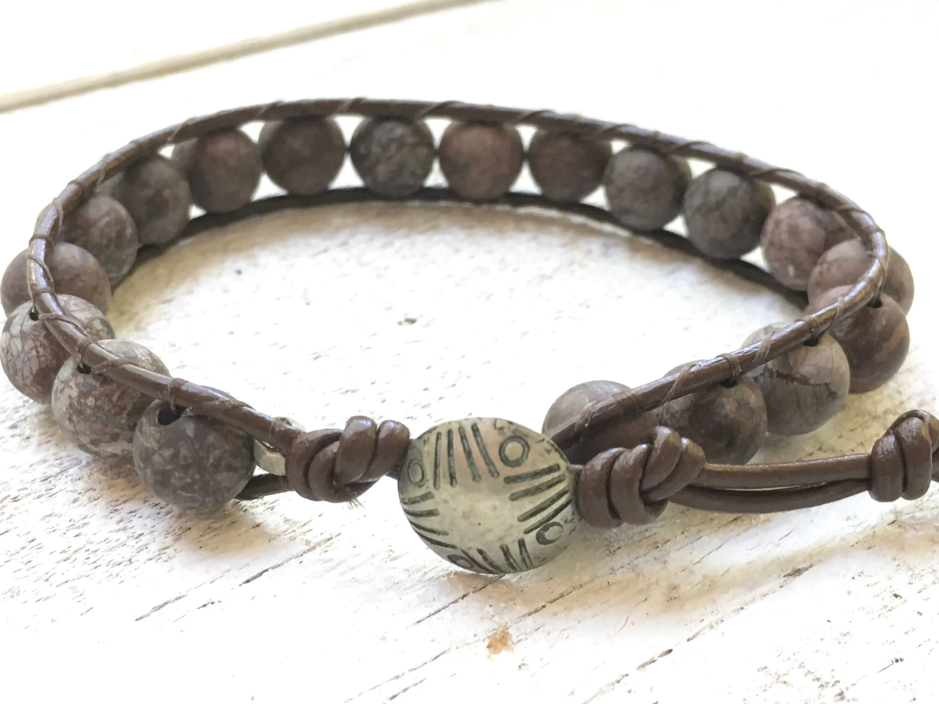 Jasper Bracelet - Matte Jasper Wrap - Jasper Jewelry - Matte Jasper Jewelry -Leather Wrap - Girlfriend Gift - Women's Jewelry -Men's Jewelry