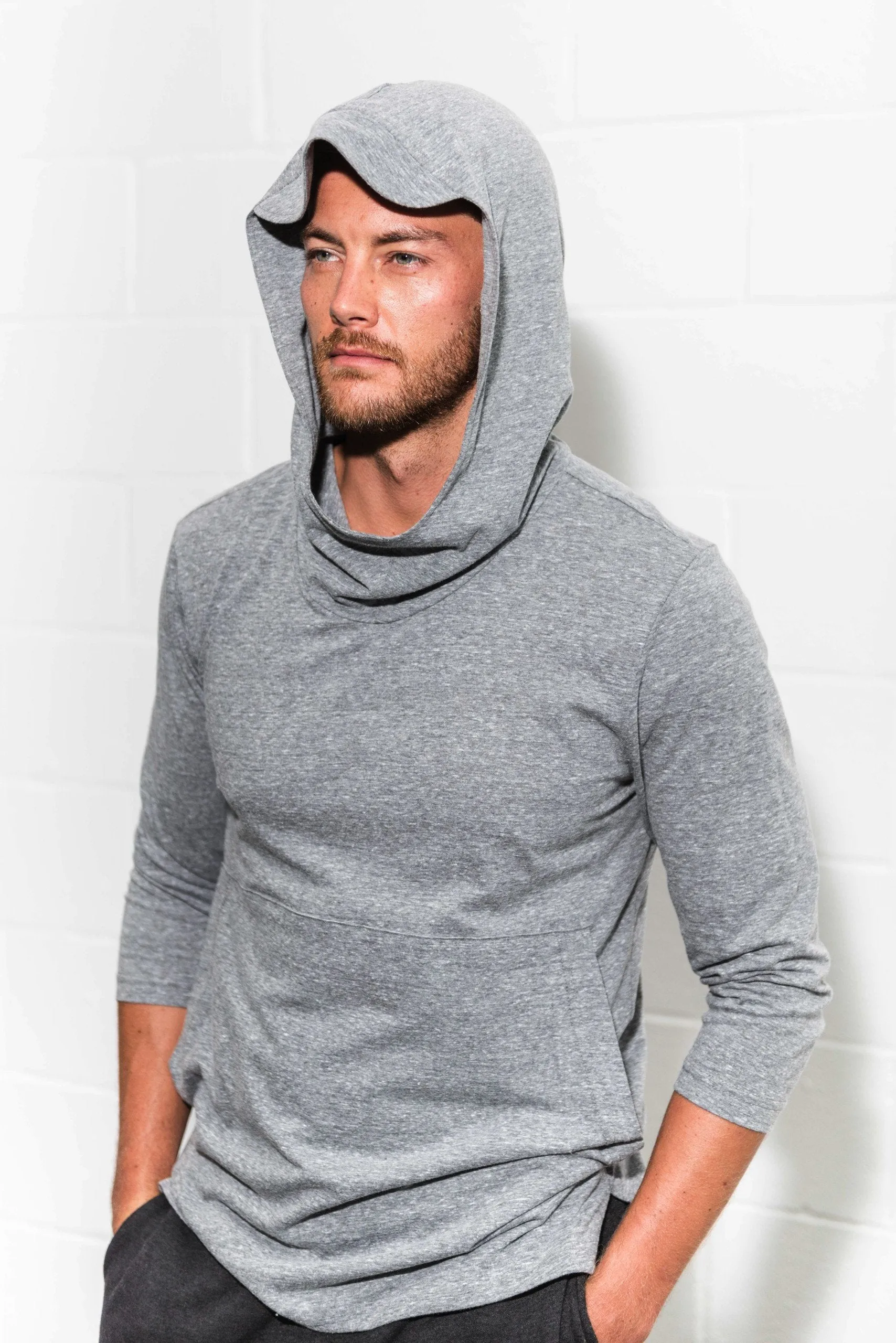 Men's 3/4 Sleeve Cowl Neck Visor Hoodie