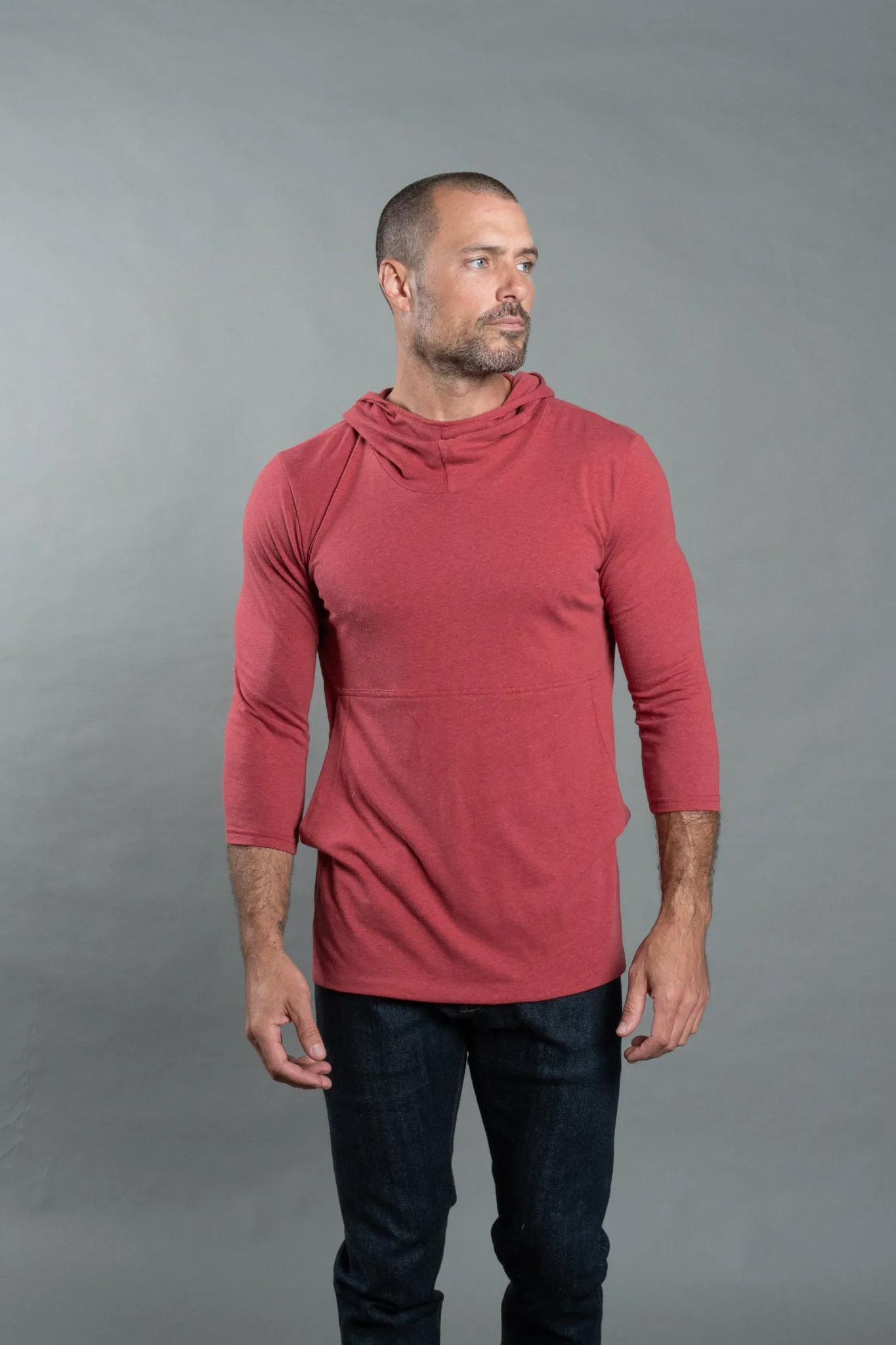 Men's 3/4 Sleeve Cowl Neck Visor Hoodie