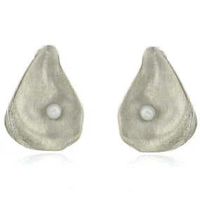 Mysterium Collection Satin Finish Sterling Silver Oyster Shell Freshwater Pearl Earrings