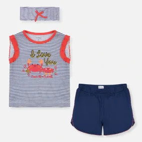 QL - Kids 'White & Blue' Lining Top with Hairband and Shorts 3PCS Set QL811