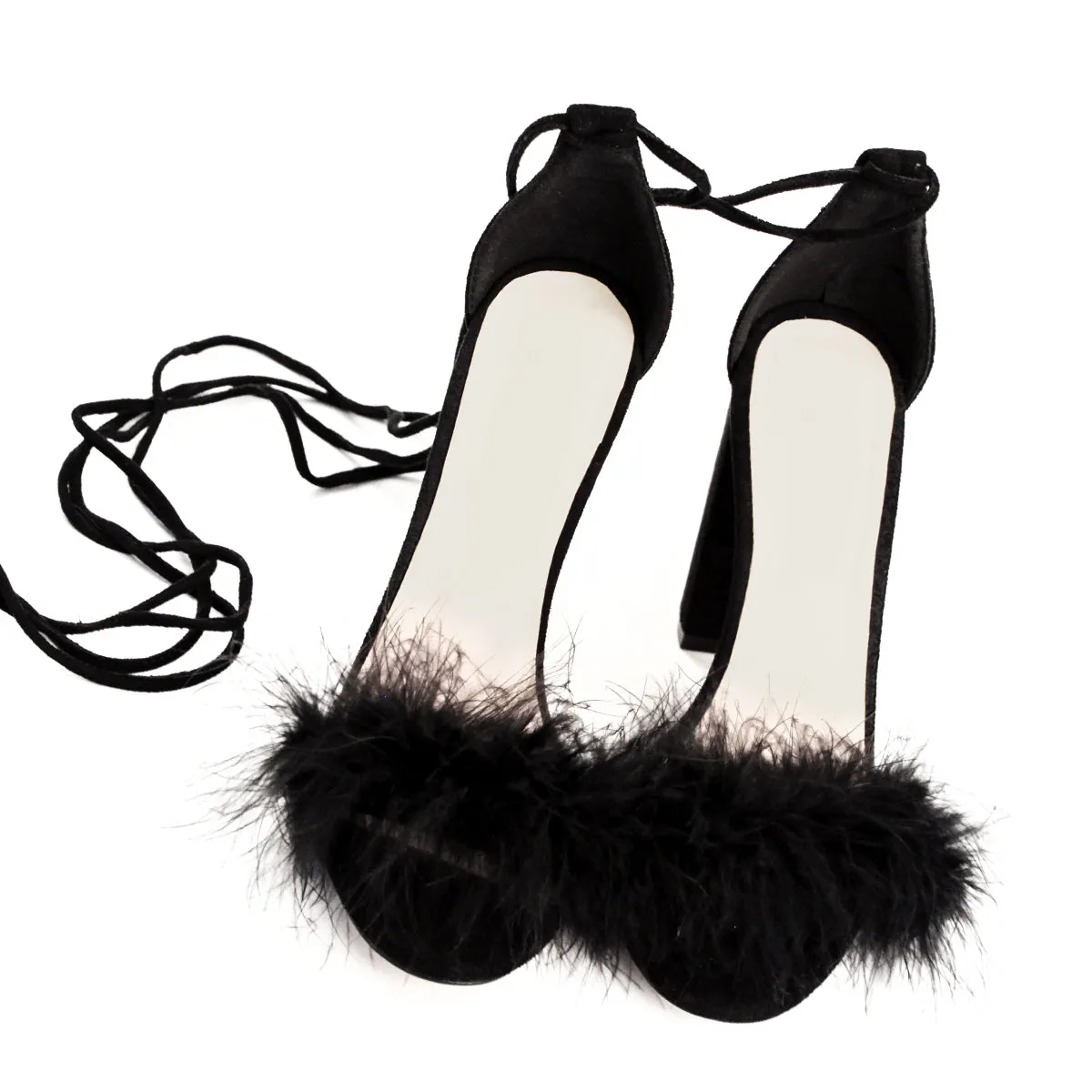 Round Toe Feather Lace-up Suede Chunky Heel Sandals