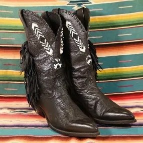 SOLD Vintage Black Leather Fringe Cowboys Boots Beaded Details, Code West SZ 10